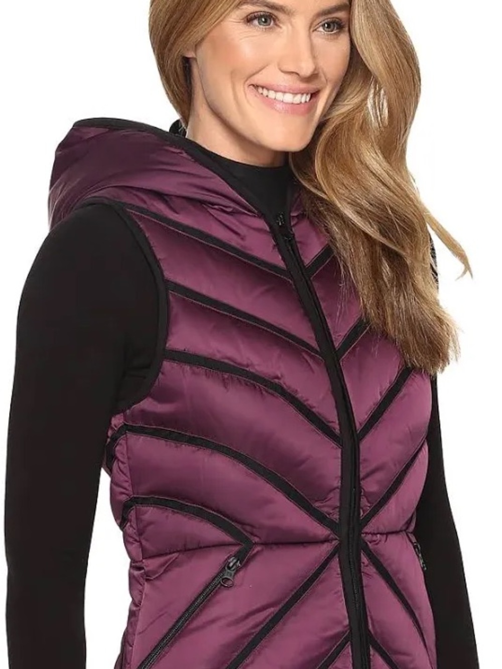 blanc noir Quilted Hooded Vest in Plum with Black Trim